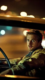 Nocturnal driver in vintage car framed by urban bokeh lights