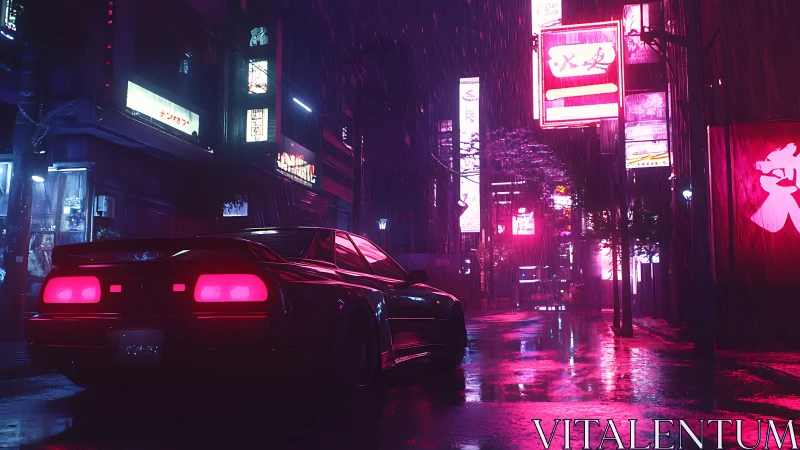 Neon sports car in rainy cyberpunk city street at night.