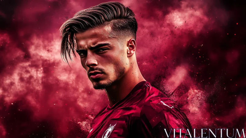 Male footballer portrait in stylized red particle cloud.