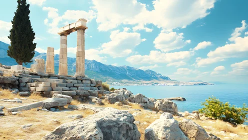 Sunlit temple columns linger over a turquoise coastal hush