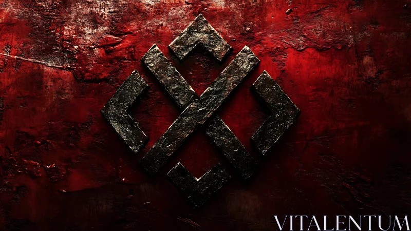 Bold black stone emblem resting on a deep red canvas.