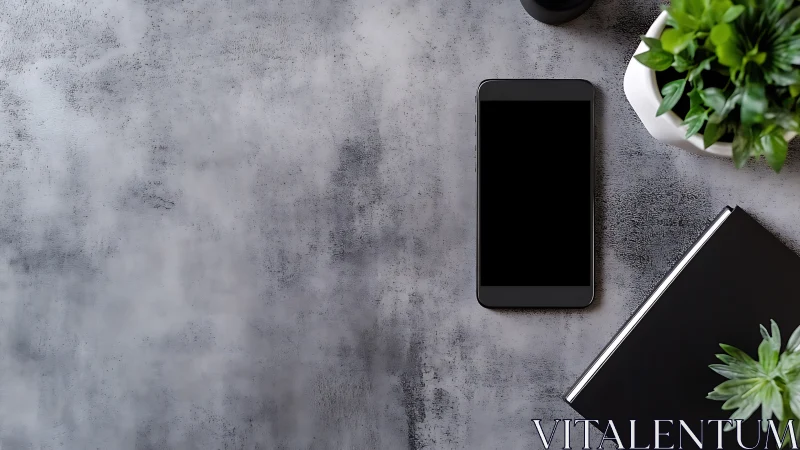 Modern Workspace: Smartphone and Greenery on Concrete