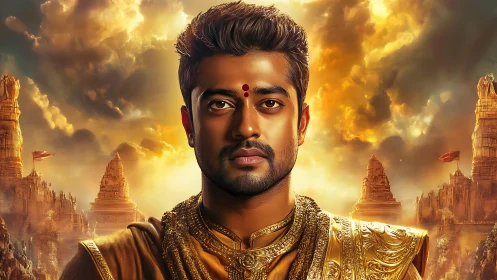 Golden warrior prince stands calm beneath a fiery sky