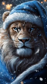 Lion in blue Santa hat in snowy winter scene.