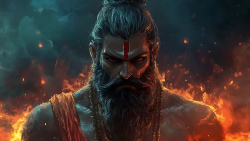 Warrior ascetic emerges from inferno with intense volumetric lighting