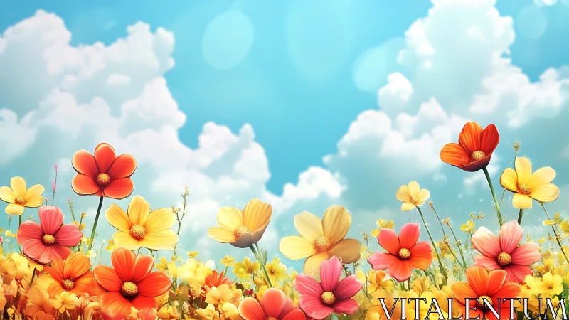 Rendered floral composition displaying multi-colored flowers against blue sky and clouds.