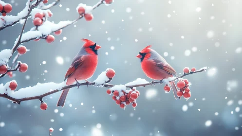 Vibrant cardinals perched on snowy berry branches, photorealistic winter scene.
