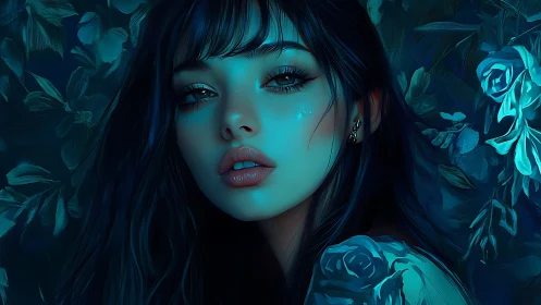 Nocturnal cyan portrait studies luminous skin and floral depth