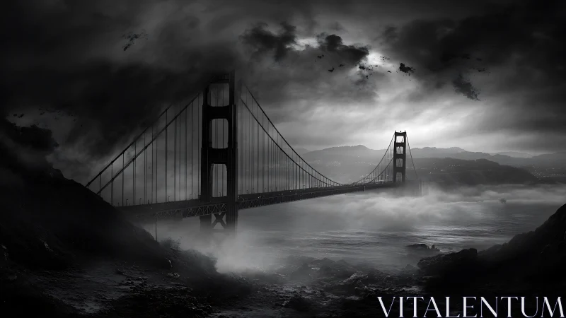 Storm-drenched suspension bridge brooding above ghostly fog.
