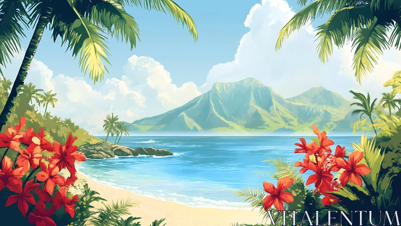 Tropical Paradise Beach with Volcanic Mountain.