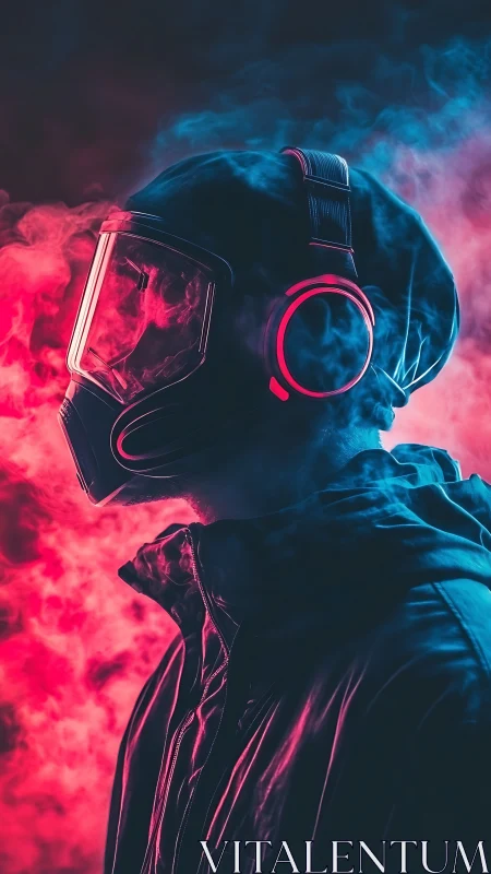 Cyberpunk figure wears visor helmet in neon smoke profile