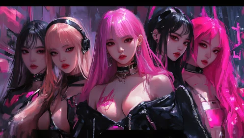 Neon night girl squad glowing with bold cyber attitude.