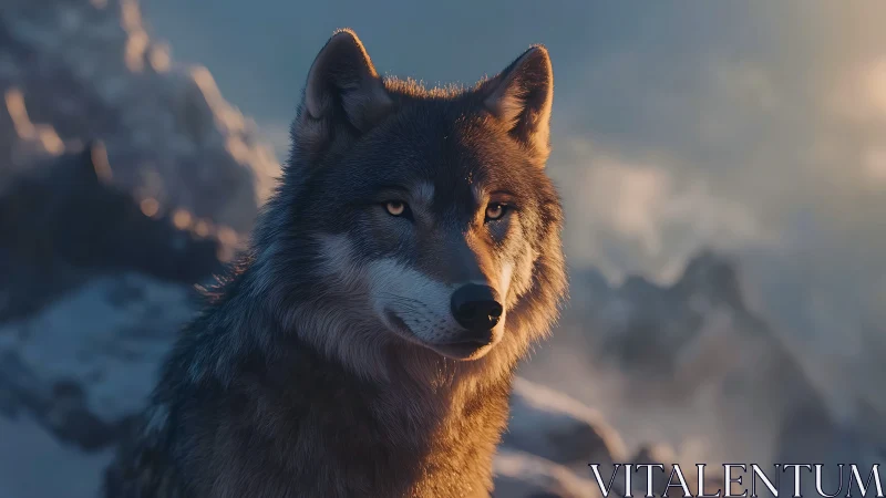 Wolf standing on snowy mountain at sunrise, side portrait.