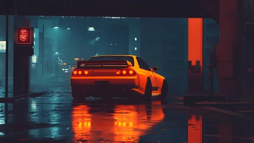 Neon-lit sports car waits calmly in a rainy midnight alley