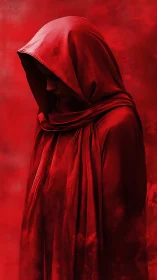 Shrouded figure in crimson hooded cloak rendered in chiaroscuro