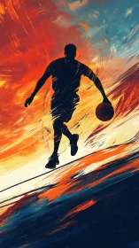Silhouetted basketball player against abstract color field.