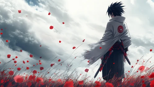 Lone warrior in a storm of red petals and quiet resolve.