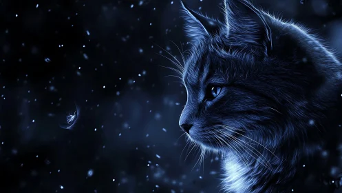 Mystical Blue Cat in Snowfall Darkness