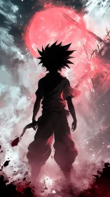 Lone anime hero beneath a blazing crimson moonrise.