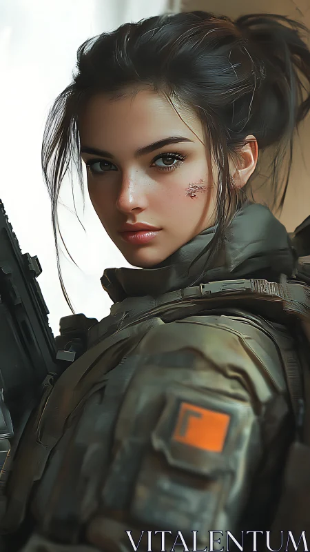 Female soldier in tactical gear looks back with focused stare