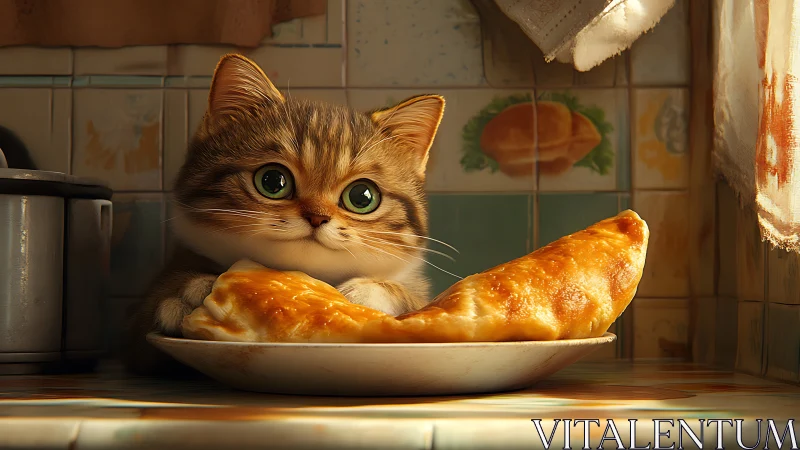 A Curious Tabby Kitten Enjoys Fresh Baked Bread in a Cozy Kitchen