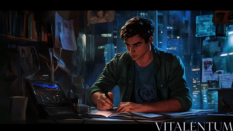 Young man studies at cluttered desk in night city room