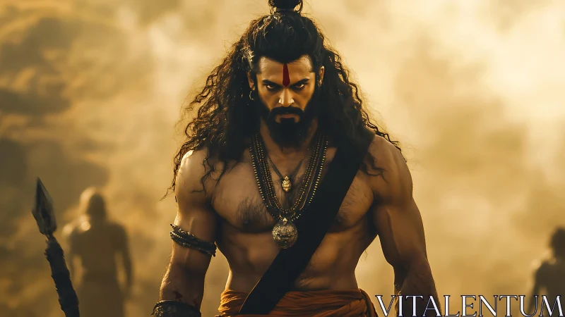 Mythic warrior in desert haze with cinematic tonal grading.