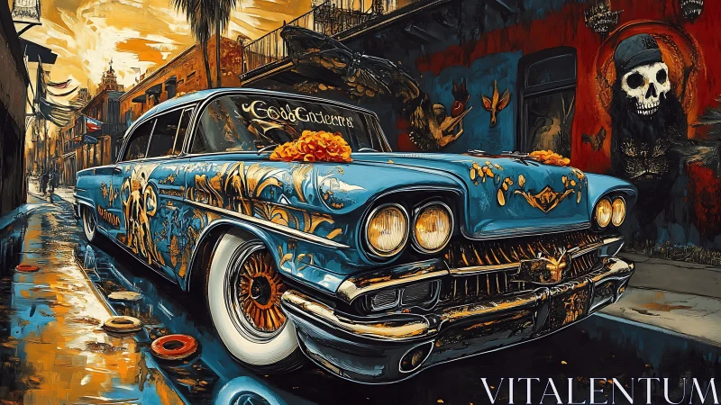 Lowrider hearse cruises neon alley with Día de Muertos art.