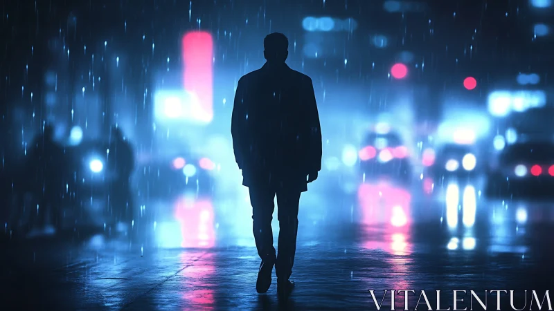 Lone figure walks through neon city rain at midnight.