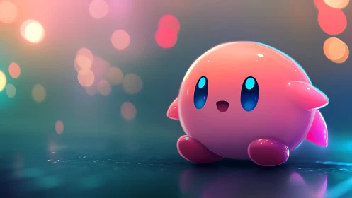 Glossy pink mascot under neon bokeh with reflective floor.