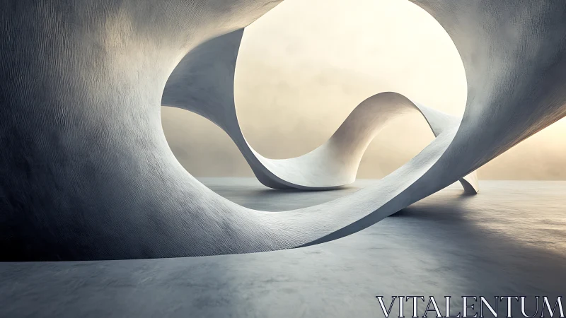 Curved concrete loop pavilion in minimal atmospheric space.