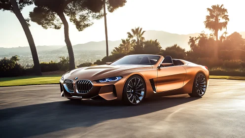 Copper BMW roadster parked on sunny palm-lined street.