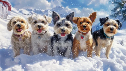 Five small dogs aligned in snowy alpine landscape under bright light