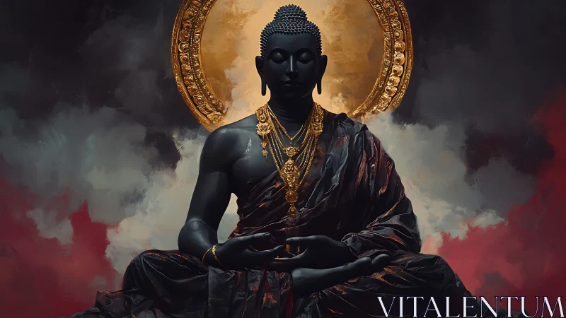 Dark Buddha statue with golden halo in stormy aura.