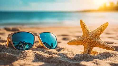 Sunglasses and starfish rest quietly on a golden summer beach