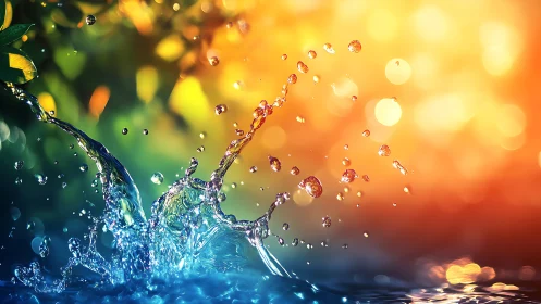 Sunlit water splash arcs through vibrant bokeh light