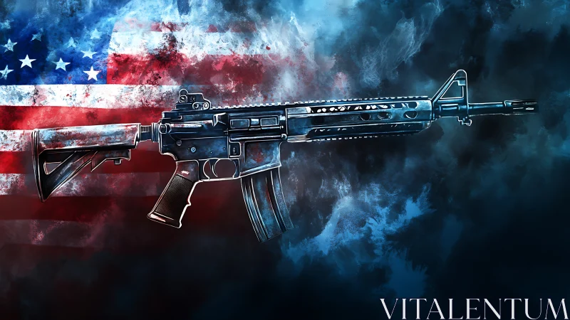 Assault rifle silhouette contrasts against abstract US flag field