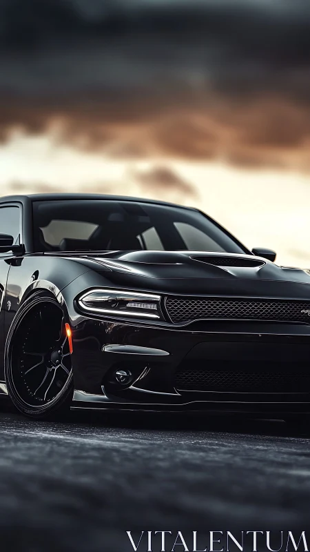 Midnight muscle sedan prowls beneath stormlit horizon.