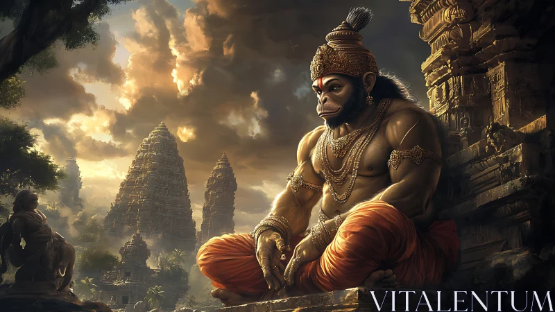 Powerful monkey deity in meditation before ancient temples.