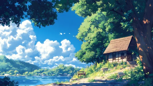 Sunlit lakeside cottage beneath towering summer trees.