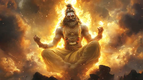 Digital painting of fiery ascetic deity in levitating lotus pose.