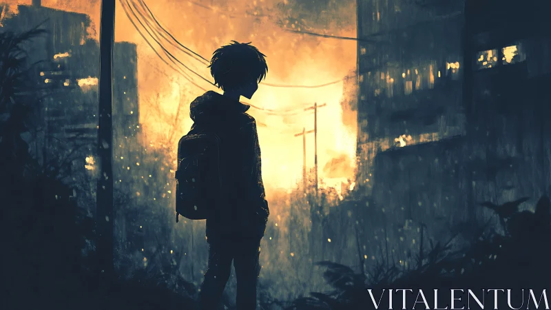 Lonely student gazes at glowing city streets in quiet wonder