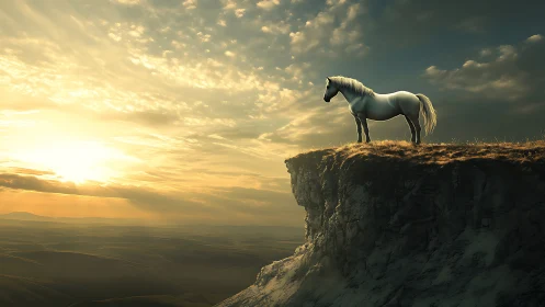 White horse standing on a sunlit cliff above wide valley.