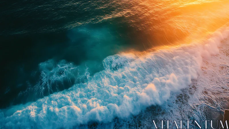 Sunlit turquoise breakers collide with glowing shoreline.