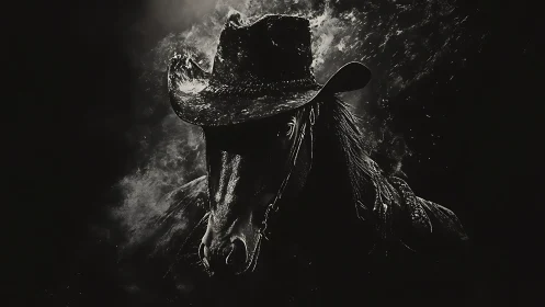 Cowboy horse portrait in dramatic monochrome light.