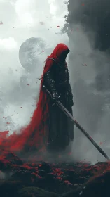 Red cloaked warrior stands under moonlit fog in desaturated field