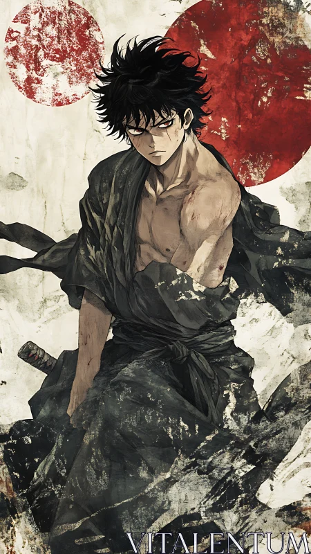 Brooding anime swordsman stands against weathered red suns