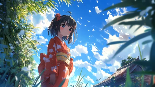 Summer sky embraces a girl in orange kimono with quiet wonder