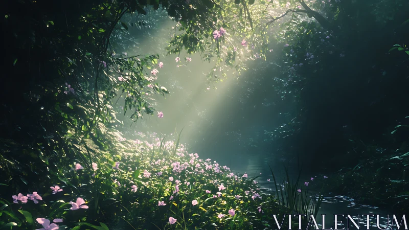 Sunlit forest stream with dense foliage and wildflowers.