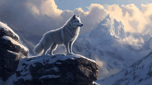 White wolf greeting the sunrise on quiet mountain peaks.